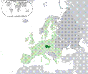 Location of  Czech Republic  (dark green) on the European continent  (green & dark grey) in the European Union  (green)    [Legend]
