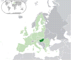 Location of  Hungary  (dark green) on the European continent  (green & dark grey) in the European Union  (green)    [Legend]