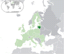 Location of  Lithuania  (dark green) on the European continent  (green & dark grey) in the European Union  (green)    [Legend]