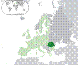 Location of  Romania  (green) on the European continent  (light green & grey) in the European Union  (light green)    [Legend]