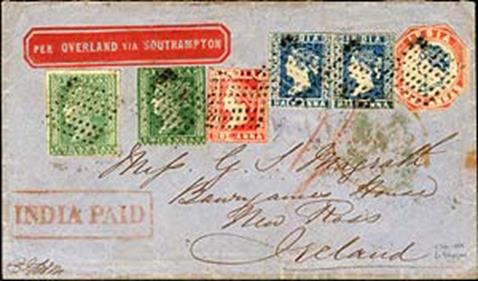 1855 (2 Dec) envelope to Ireland with printed "per Overland via Southampton" in red at upper left, bearing  anna blue Die I (2), 1 anna red Die II, 2 anna green (2) and cut to shape 4 anna blue and red 1st printing, all tied by diamond of dots, showing manuscript "1/-", framed "INDIA PAID" and, on reverse, "SINGPORE/P.O." and arrival datestamps