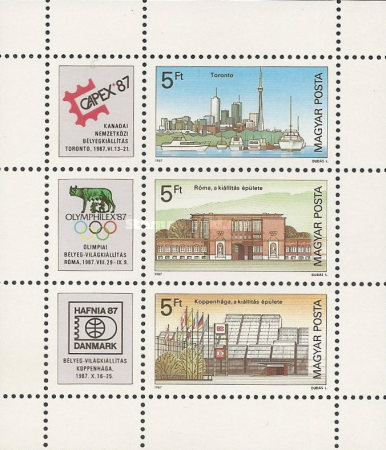 [International Stamp Exhibition CAPEX `87, Toronto; OLYMPHILEX `87, Rome and HAFNIA `87, Copenhagen, type ]
