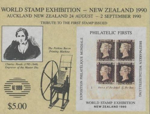 new zealand       non-postal ss n. z. 1990 exhibition philatelic firsts 1 penny black