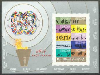 Stamp SHARJAH KHOR FAKKAN 1969 SS Mi Bl. 21 B imperforated Stamp MEX 1968 silhouette of 8